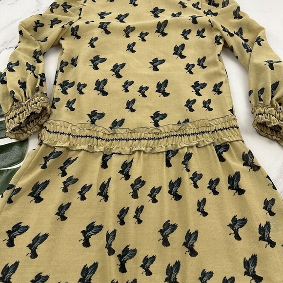 Max Studio Womens Vintage Y2k Ruffle Dress Size XS Tan Blue Birds Academia - Picture 11 of 12